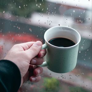 Preview wallpaper mug, coffee, hand, window, rain