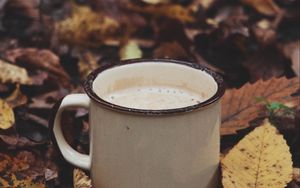 Preview wallpaper mug, coffee, leaves, drink