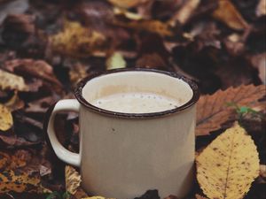 Preview wallpaper mug, coffee, leaves, drink