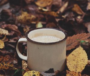 Preview wallpaper mug, coffee, leaves, drink