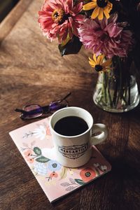 Preview wallpaper mug, coffee, notebook, glasses, bouquet