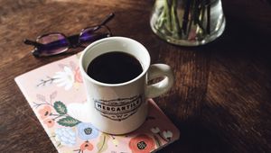 Preview wallpaper mug, coffee, notebook, glasses, bouquet