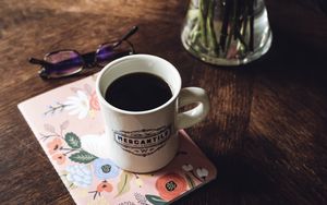 Preview wallpaper mug, coffee, notebook, glasses, bouquet