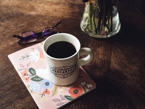 Preview wallpaper mug, coffee, notebook, glasses, bouquet