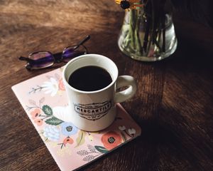 Preview wallpaper mug, coffee, notebook, glasses, bouquet