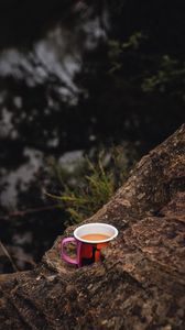 Preview wallpaper mug, coffee, stone, tree