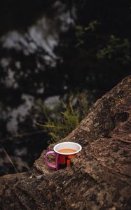 Preview wallpaper mug, coffee, stone, tree