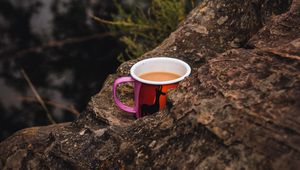 Preview wallpaper mug, coffee, stone, tree