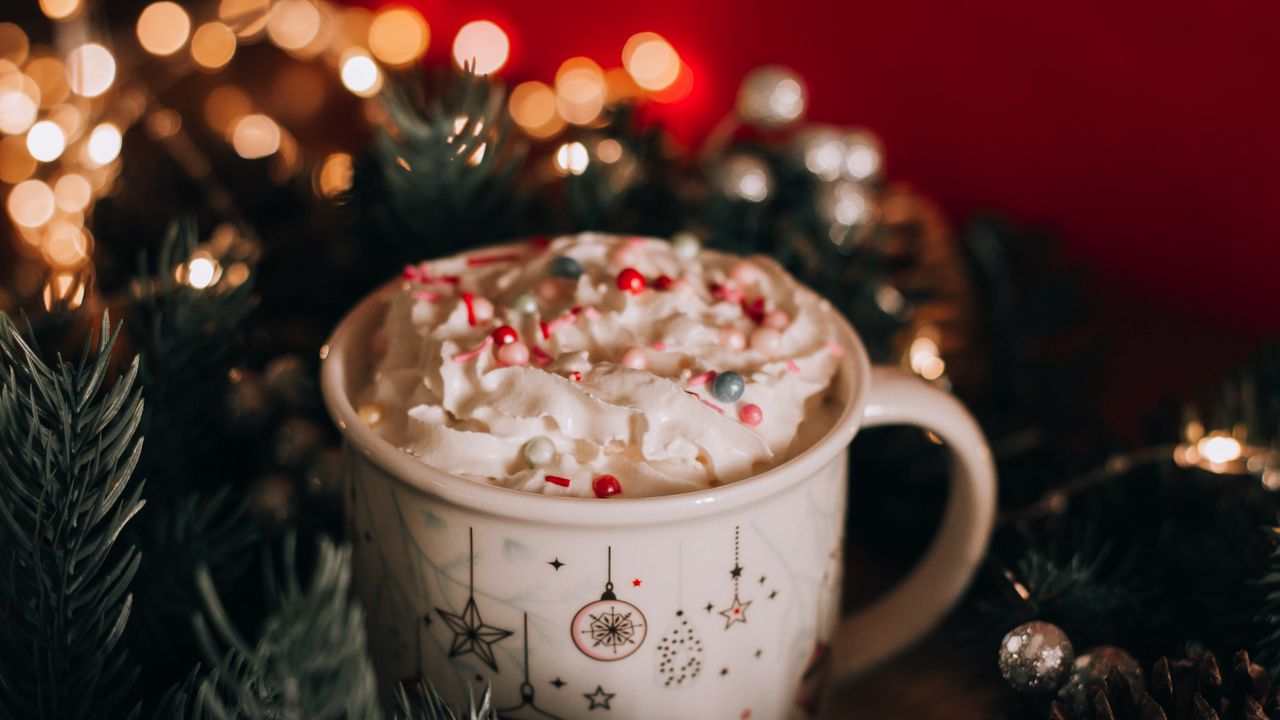 Wallpaper mug, cream, drink, sprinkling, dessert, christmas