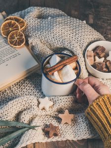 Preview wallpaper mug, drink, marshmallows, cinnamon, sweets