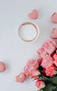 Preview wallpaper mug, flowers, hearts, cookies, bouquet