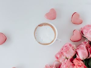 Preview wallpaper mug, flowers, hearts, cookies, bouquet