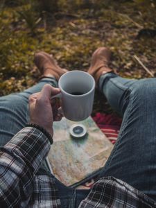 Preview wallpaper mug, hand, coffee, map, compass