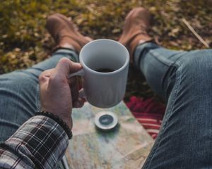 Preview wallpaper mug, hand, coffee, map, compass