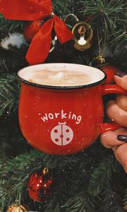 Preview wallpaper mug, hand, drink, inscription, new year, red