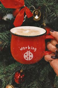 Preview wallpaper mug, hand, drink, inscription, new year, red