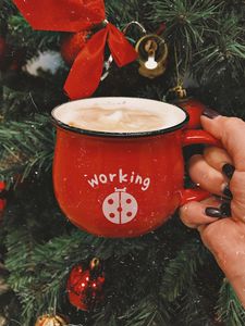 Preview wallpaper mug, hand, drink, inscription, new year, red