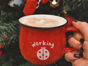 Preview wallpaper mug, hand, drink, inscription, new year, red