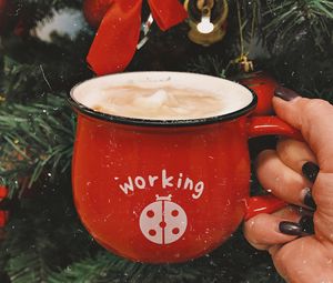 Preview wallpaper mug, hand, drink, inscription, new year, red