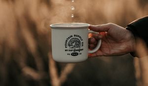 Preview wallpaper mug, hand, drops, steam, drink