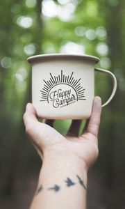 Preview wallpaper mug, hand, inscription, camping