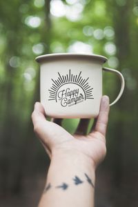 Preview wallpaper mug, hand, inscription, camping