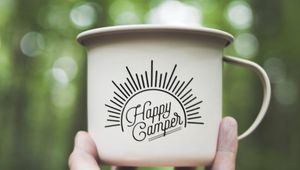 Preview wallpaper mug, hand, inscription, camping