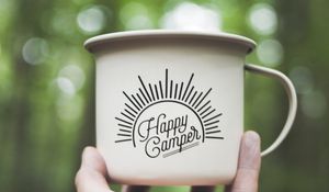 Preview wallpaper mug, hand, inscription, camping