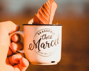 Preview wallpaper mug, hand, leaf, dry