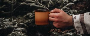 Preview wallpaper mug, hand, spruce, branches, snow