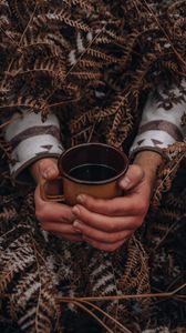 Preview wallpaper mug, hands, fern, snow