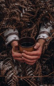 Preview wallpaper mug, hands, fern, snow