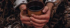 Preview wallpaper mug, hands, fern, snow