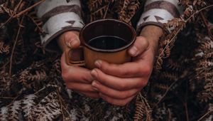 Preview wallpaper mug, hands, fern, snow