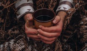 Preview wallpaper mug, hands, fern, snow