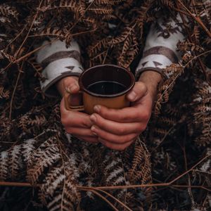 Preview wallpaper mug, hands, fern, snow