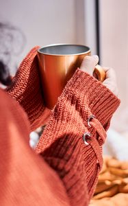 Preview wallpaper mug, hands, sweater, autumn, orange