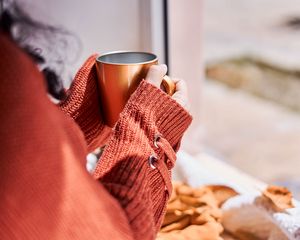 Preview wallpaper mug, hands, sweater, autumn, orange