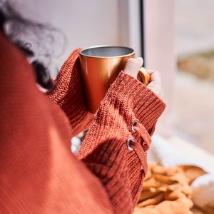 Preview wallpaper mug, hands, sweater, autumn, orange
