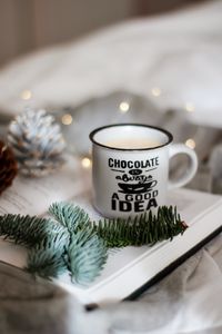 Preview wallpaper mug, inscription, book, branches, glare