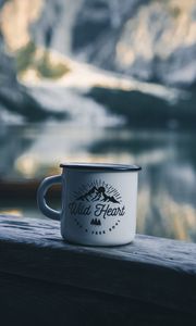 Preview wallpaper mug, inscription, camping, mountains, travel