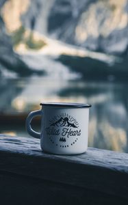 Preview wallpaper mug, inscription, camping, mountains, travel