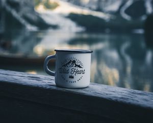 Preview wallpaper mug, inscription, camping, mountains, travel