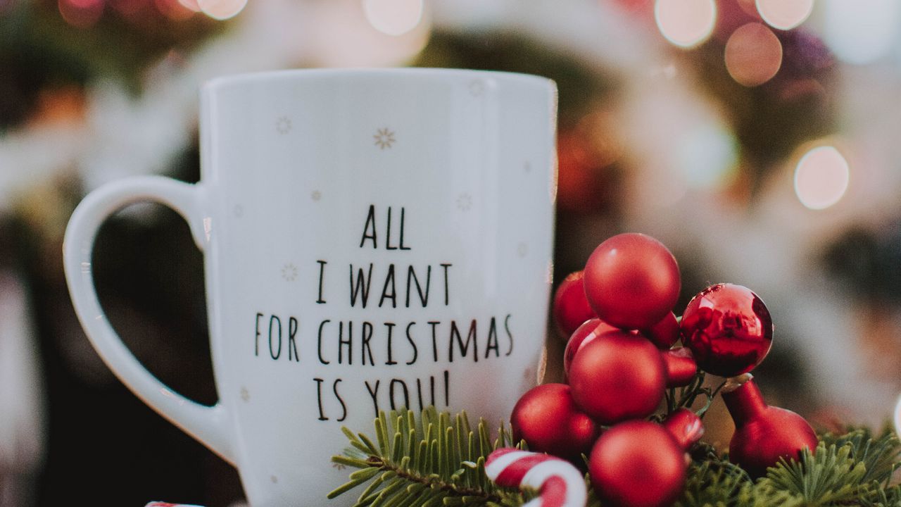 Wallpaper mug, inscription, christmas, new year, glare, bokeh