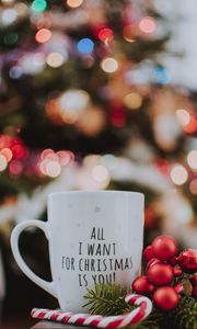 Preview wallpaper mug, inscription, christmas, new year, glare, bokeh