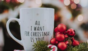 Preview wallpaper mug, inscription, christmas, new year, glare, bokeh