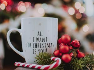 Preview wallpaper mug, inscription, christmas, new year, glare, bokeh