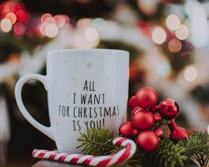 Preview wallpaper mug, inscription, christmas, new year, glare, bokeh