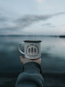 Preview wallpaper mug, inscription, hand, lake, nature