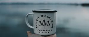 Preview wallpaper mug, inscription, hand, lake, nature